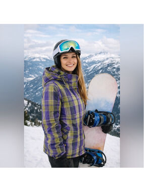 Burton DryRide Snowboard Jacket Women S Plaid Y2K Hooded Ski Coat Purple Yellow